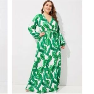 Plus Tropical Print V-neck Tie Waist Maxi Dress 💚🤍🌿